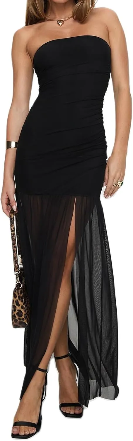 Women Sexy Strapless Maxi Dress High Slit Bodycon Tube Top Patchwork Pleated Mesh Skirt Long Dress