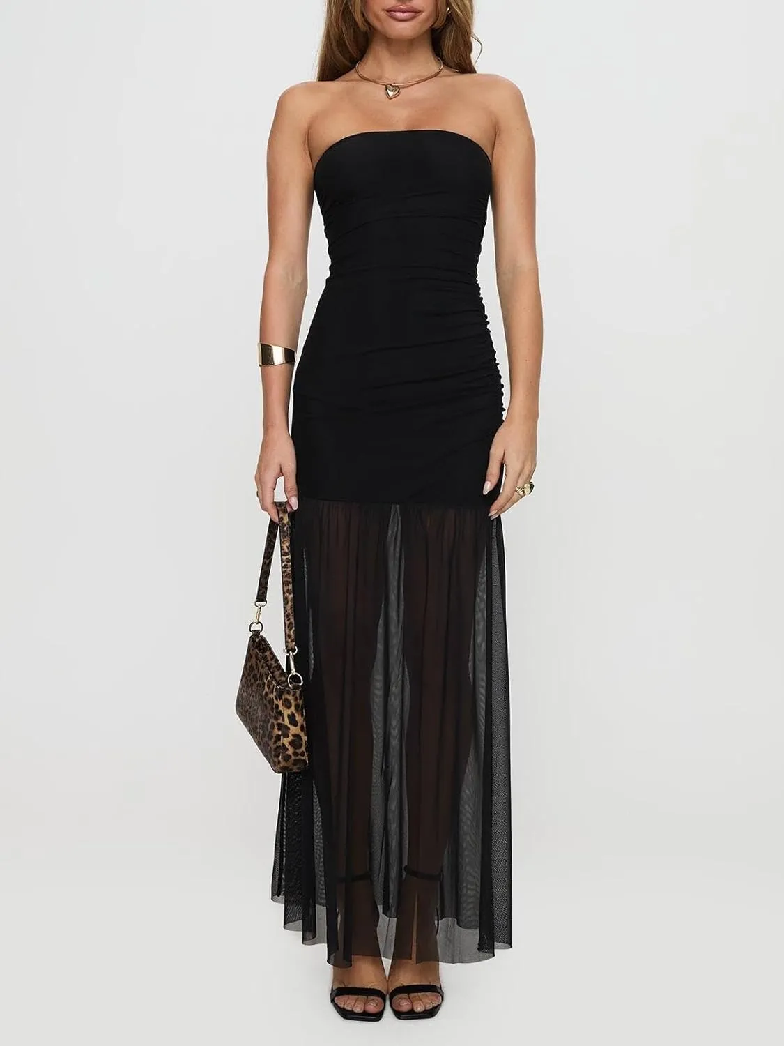 Women Sexy Strapless Maxi Dress High Slit Bodycon Tube Top Patchwork Pleated Mesh Skirt Long Dress