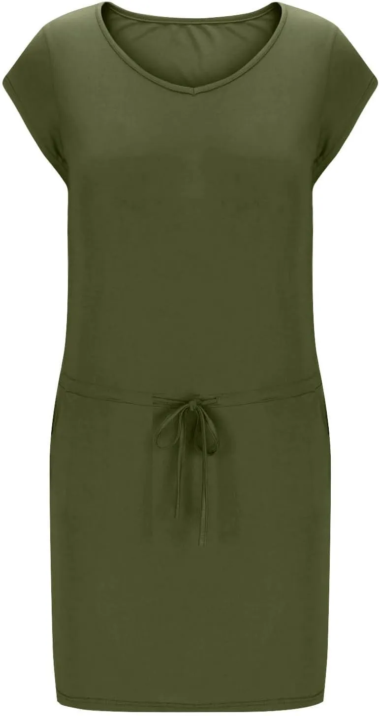Women Summer Dress Casual Short Sleeve V Neck Sundresses Drawstring Waist Beach Cover up Mini Beach Dress with Pocket
