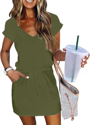 Women Summer Dress Casual Short Sleeve V Neck Sundresses Drawstring Waist Beach Cover up Mini Beach Dress with Pocket