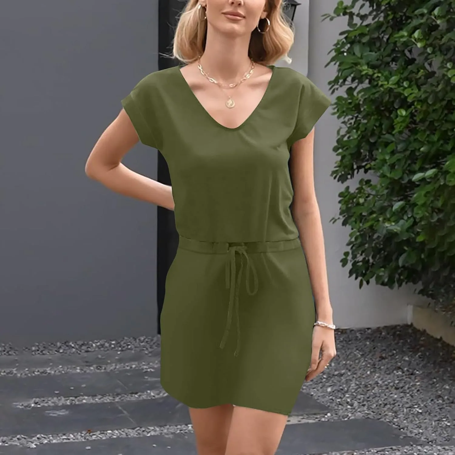 Women Summer Dress Casual Short Sleeve V Neck Sundresses Drawstring Waist Beach Cover up Mini Beach Dress with Pocket