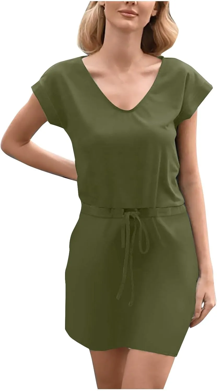 Women Summer Dress Casual Short Sleeve V Neck Sundresses Drawstring Waist Beach Cover up Mini Beach Dress with Pocket
