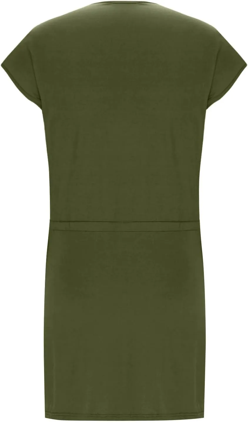 Women Summer Dress Casual Short Sleeve V Neck Sundresses Drawstring Waist Beach Cover up Mini Beach Dress with Pocket