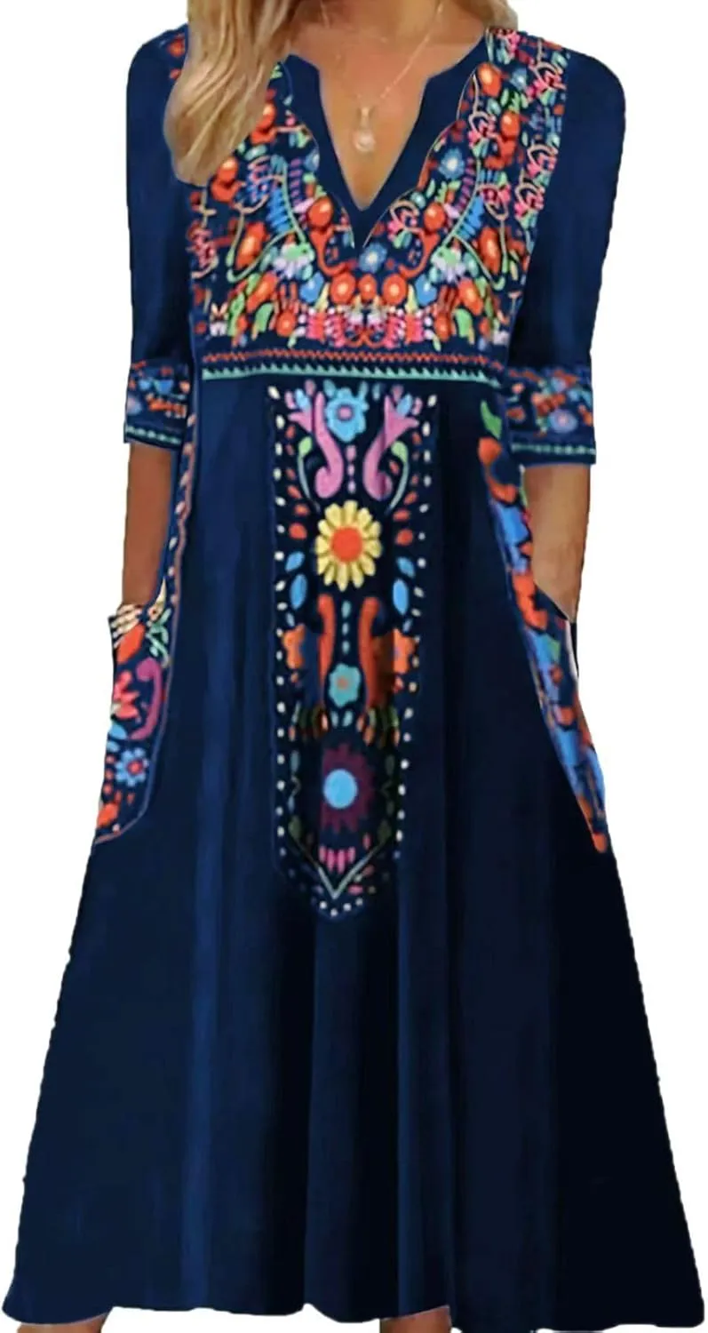 Women's Boho Floral Maxi Dress, Elegant V-Neck 3/4 Sleeve Boho Casual Dress with Pockets for Women