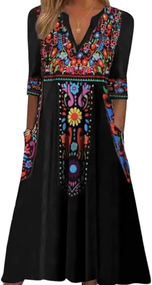 Women's Boho Floral Maxi Dress, Elegant V-Neck 3/4 Sleeve Boho Casual Dress with Pockets for Women