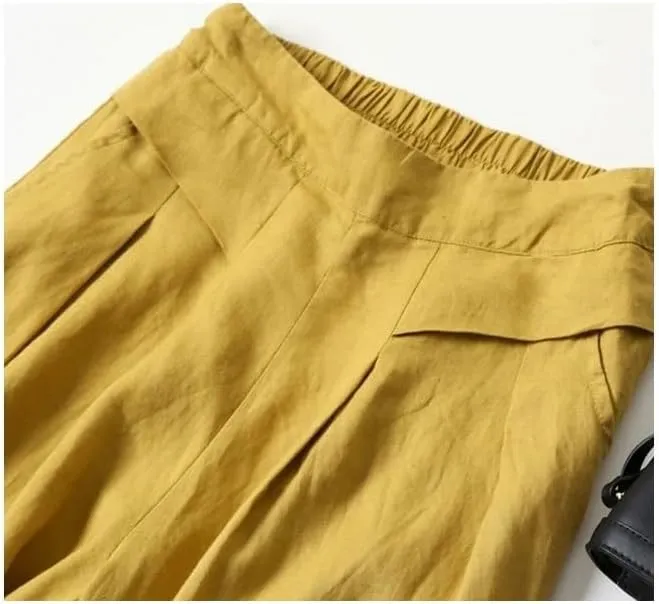 Women's Cotton Linen Palazzo Pants Wide Leg Flowy Loose Fit Gauze Casual Summer Outfit Elastic Waist with Pockets
