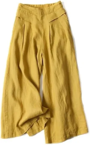Women's Cotton Linen Palazzo Pants Wide Leg Flowy Loose Fit Gauze Casual Summer Outfit Elastic Waist with Pockets