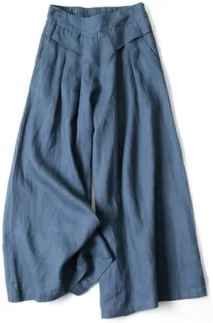 Women's Cotton Linen Palazzo Pants Wide Leg Flowy Loose Fit Gauze Casual Summer Outfit Elastic Waist with Pockets