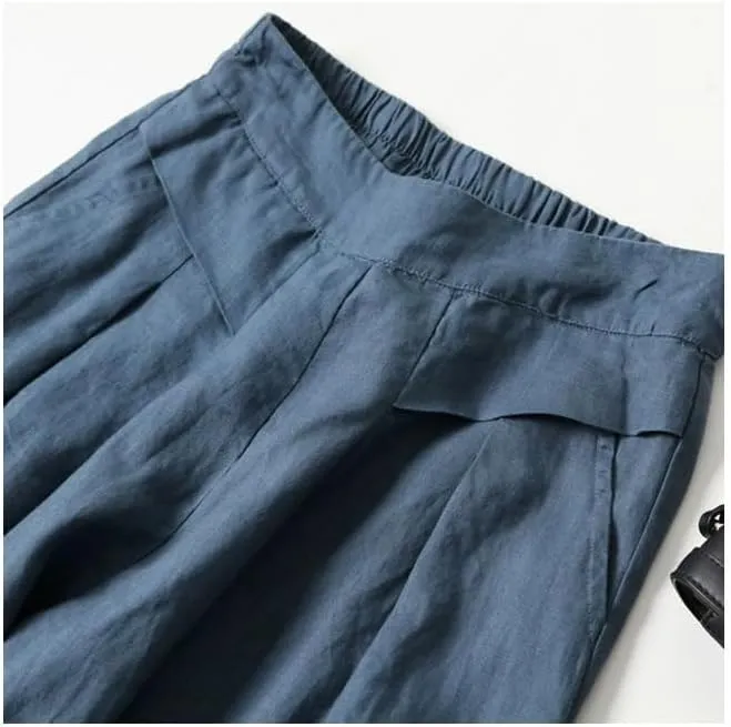 Women's Cotton Linen Palazzo Pants Wide Leg Flowy Loose Fit Gauze Casual Summer Outfit Elastic Waist with Pockets