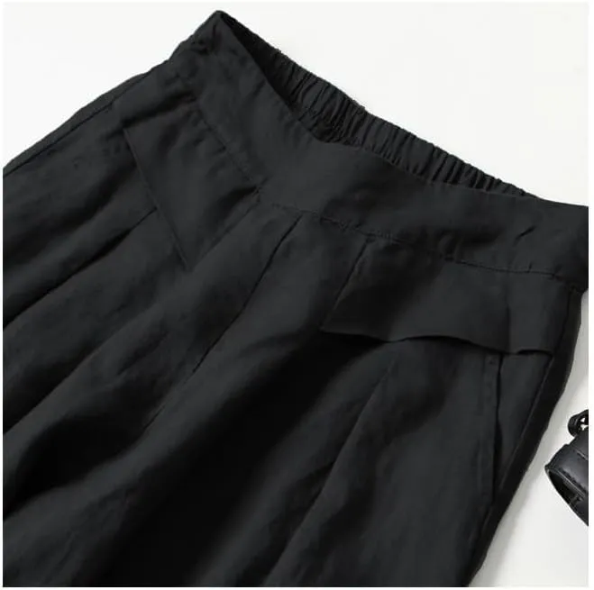 Women's Cotton Linen Palazzo Pants Wide Leg Flowy Loose Fit Gauze Casual Summer Outfit Elastic Waist with Pockets