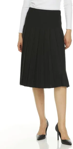 Womens Cotton Pleated Knee Length Skirt- Elastic Waist Office Pleated Skirt