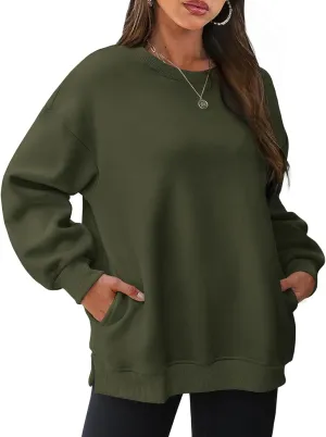 Womens Crew Neck Oversized Sweatshirt with Pockets Long Sleeve Pullover Cotton Hoodies Casual Tops Winter 2025