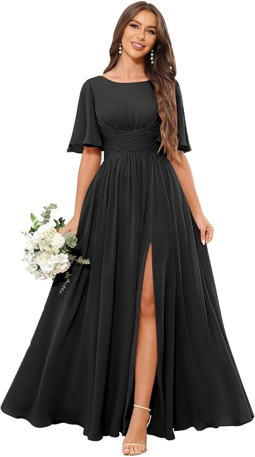 Women's Flutter Sleeve Chiffon Bridesmaid Dress with Pockets Scoop Neck A-line Long Formal Evening Dress with Slit