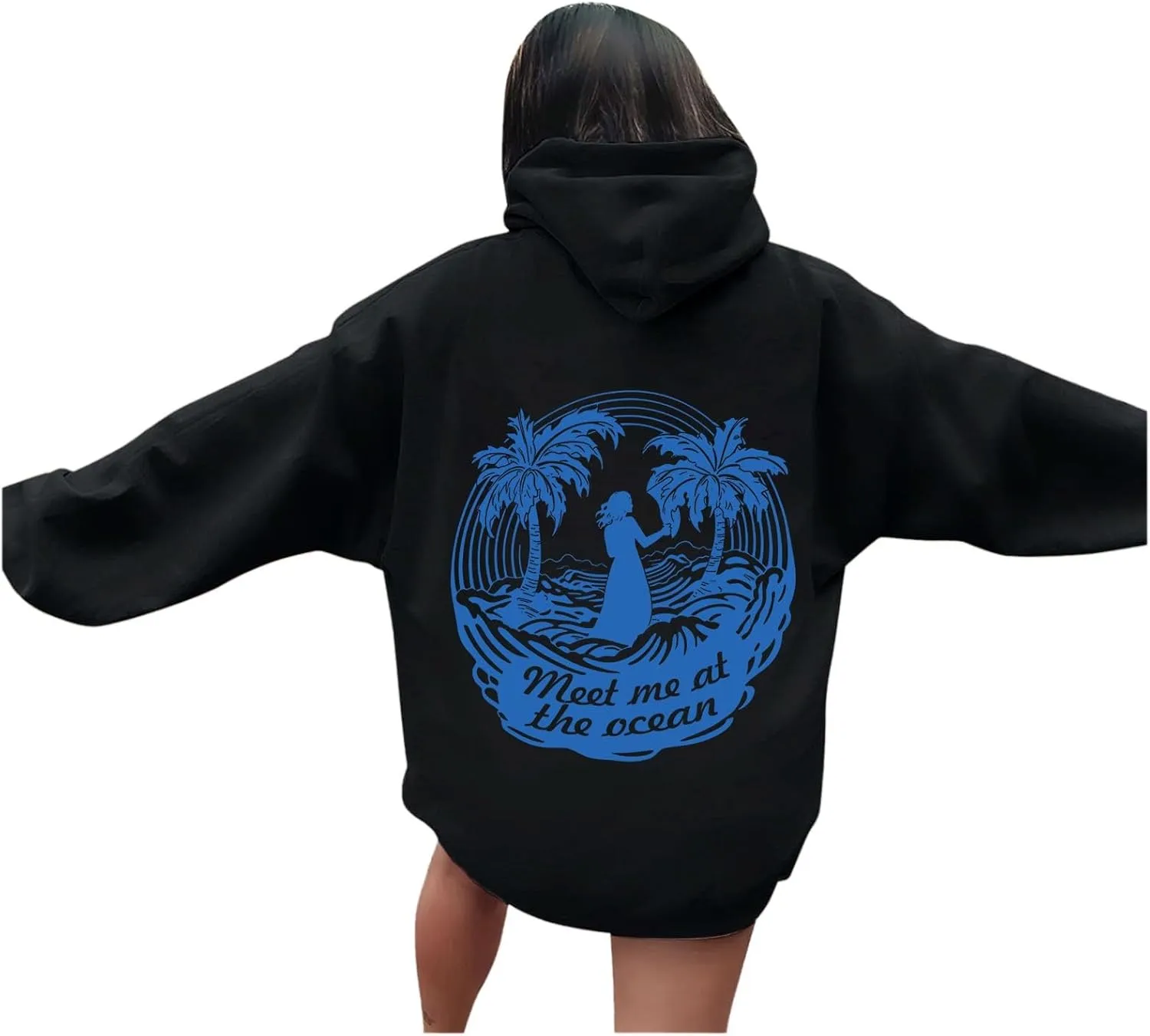 Women's Letter Print Hoodie Sweatshirt Long Sleeve Drawstring Graphic Pullover Oversized Casual Tops With Pockets