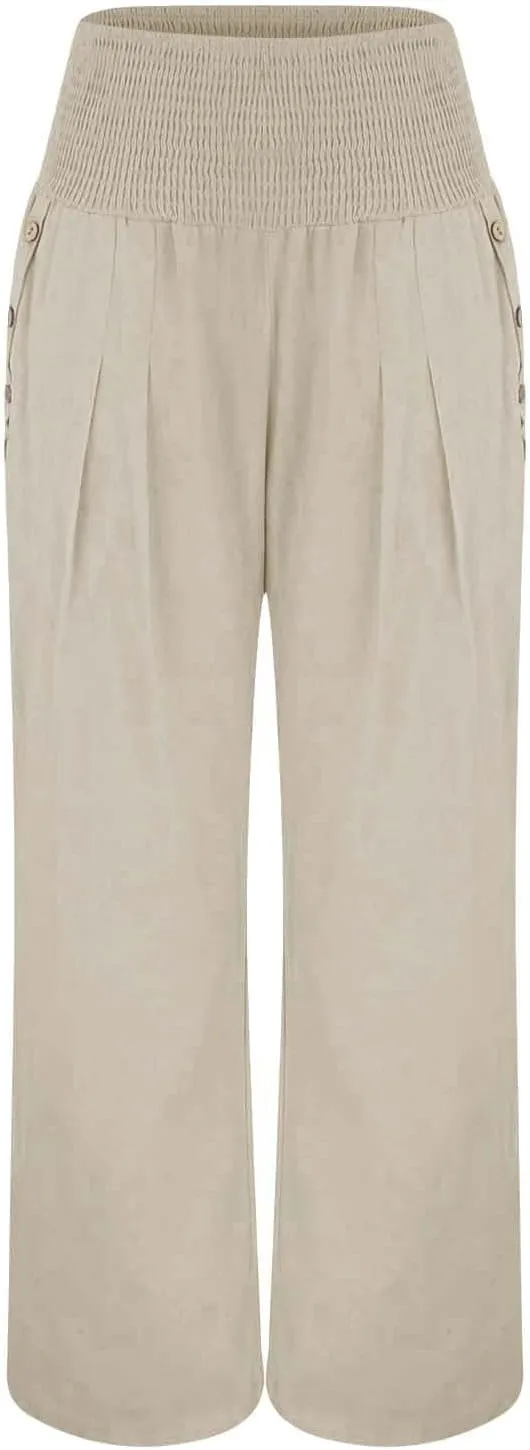 Womens Linen Pants 2025 Summer Smocked High Waisted Wide Leg Casual Palazzo Pants Flowy Beach Trousers with Pockets
