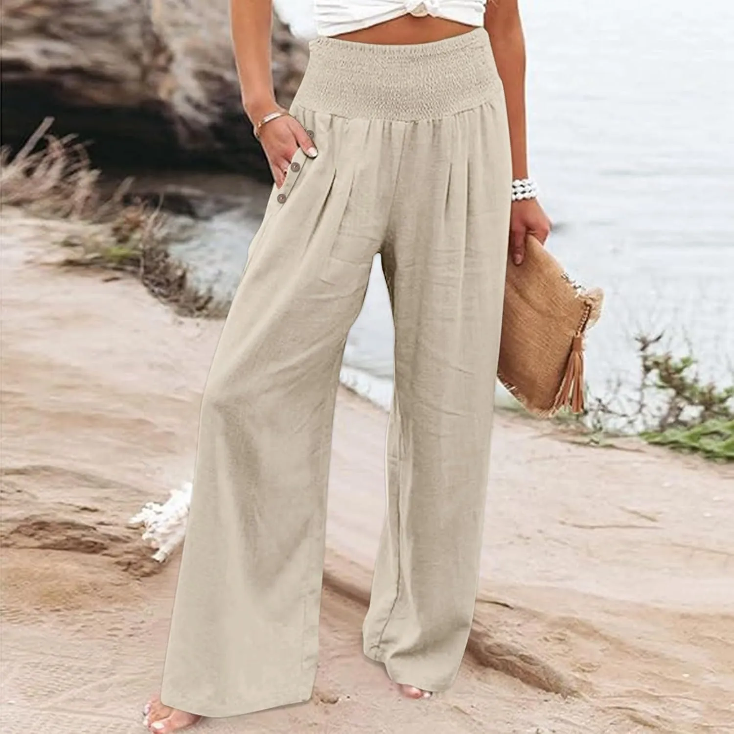 Womens Linen Pants 2025 Summer Smocked High Waisted Wide Leg Casual Palazzo Pants Flowy Beach Trousers with Pockets