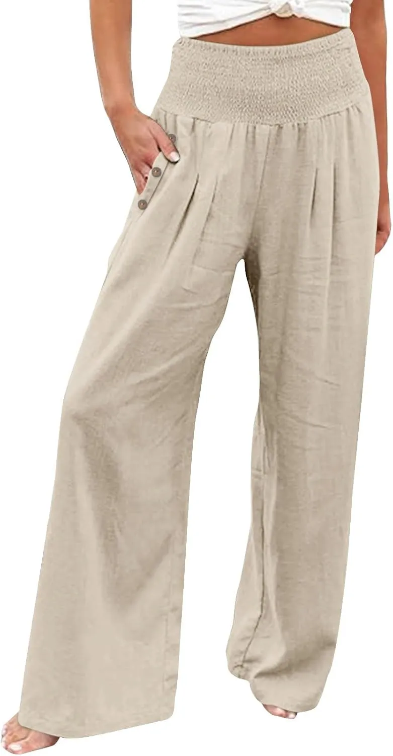 Womens Linen Pants 2025 Summer Smocked High Waisted Wide Leg Casual Palazzo Pants Flowy Beach Trousers with Pockets