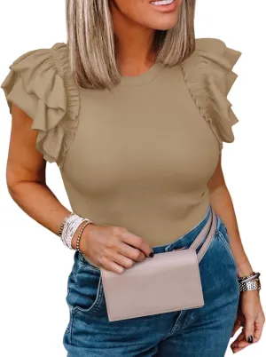 Womens Ruffle Short Sleeve Shirts Slim Fit High Neck Knit Ribbed Tops