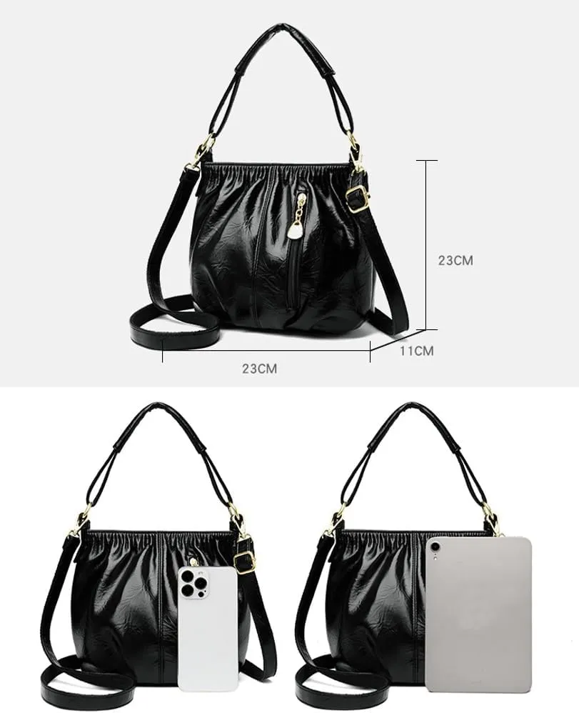 Womens Solid Color Shiny PU Leather Shoulder Bag Zipper Pocket Bucket Bags Commuter Outdoor Cross Body Bag 2025