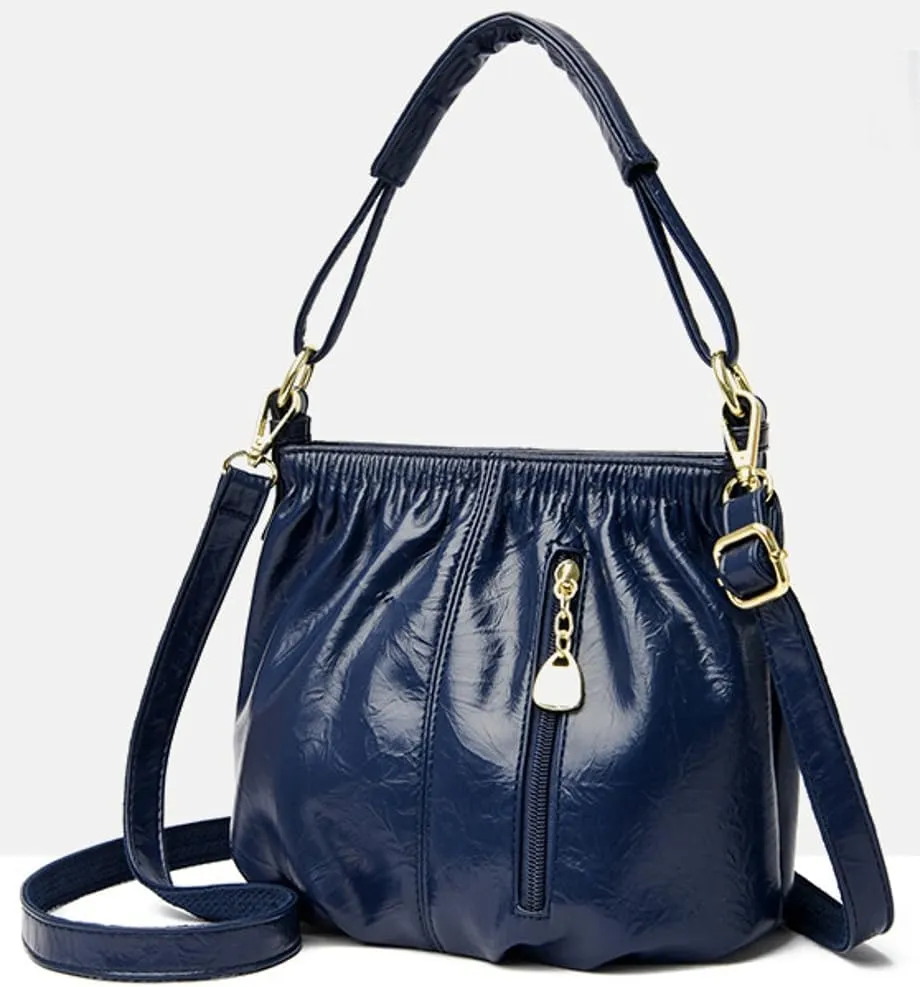 Womens Solid Color Shiny PU Leather Shoulder Bag Zipper Pocket Bucket Bags Commuter Outdoor Cross Body Bag 2025