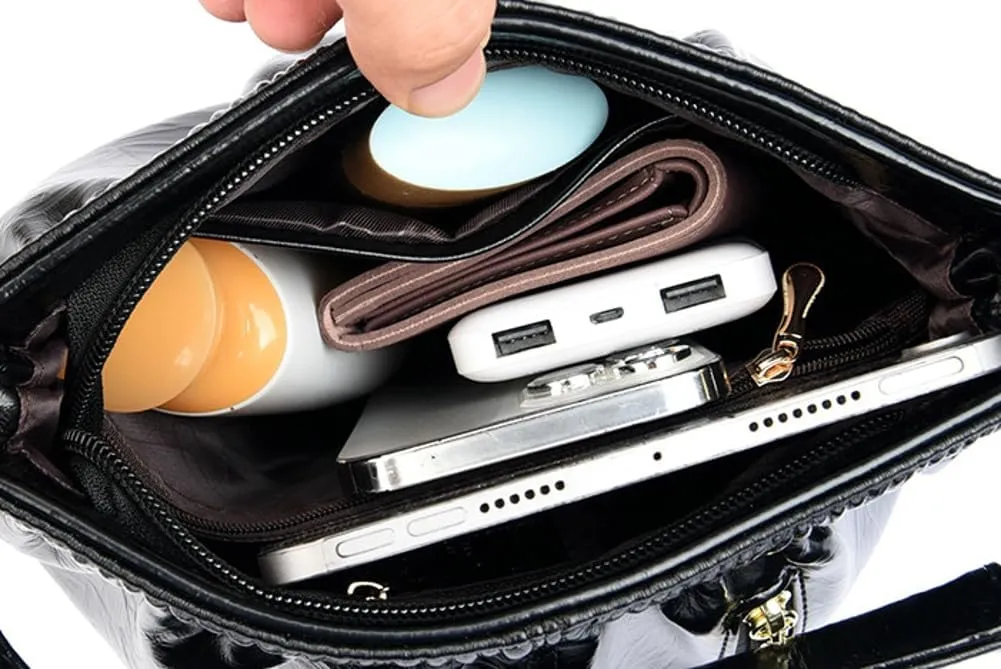 Womens Solid Color Shiny PU Leather Shoulder Bag Zipper Pocket Bucket Bags Commuter Outdoor Cross Body Bag 2025