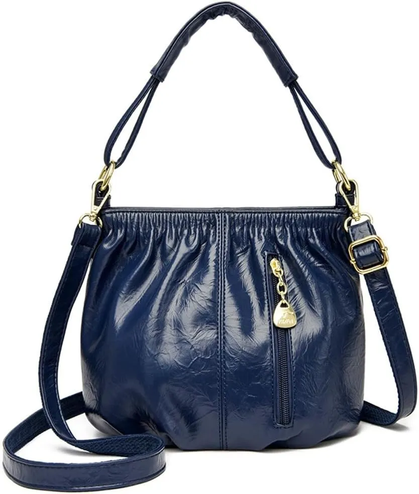 Womens Solid Color Shiny PU Leather Shoulder Bag Zipper Pocket Bucket Bags Commuter Outdoor Cross Body Bag 2025