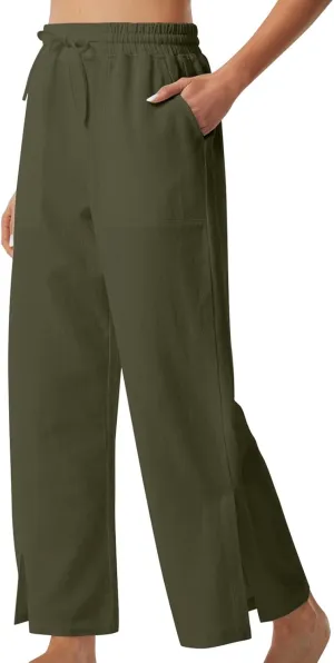 Womens Summer Cotton Linen Pants 2025 Trendy Side Slit Ankle Wide Leg Beach Trousers Elastic Waist Drawstring Slacks