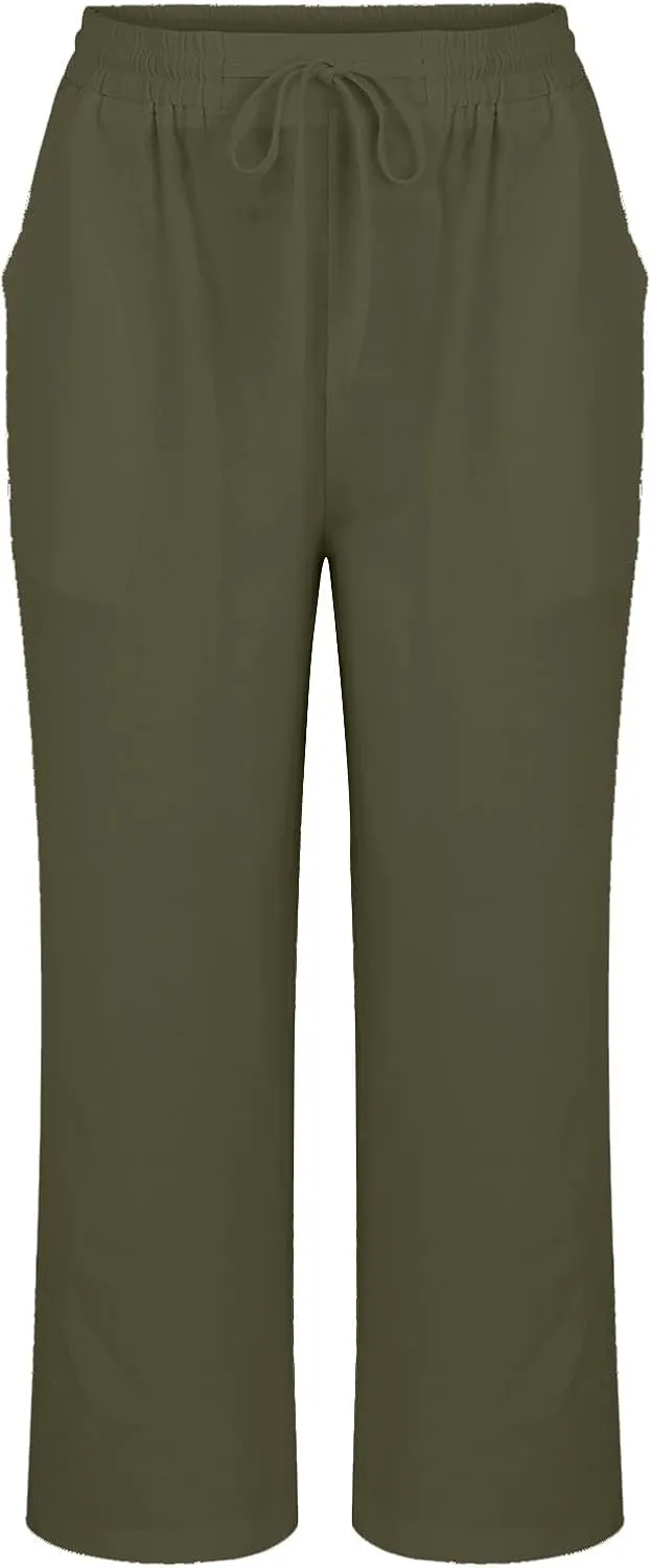 Womens Summer Cotton Linen Pants 2025 Trendy Side Slit Ankle Wide Leg Beach Trousers Elastic Waist Drawstring Slacks