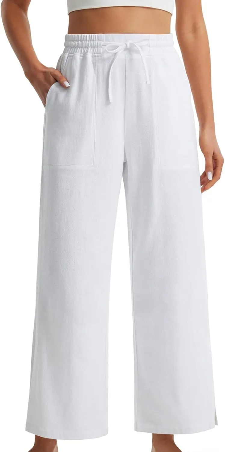 Womens Summer Cotton Linen Pants 2025 Trendy Side Slit Ankle Wide Leg Beach Trousers Elastic Waist Drawstring Slacks