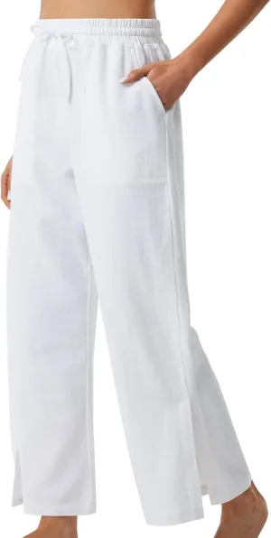 Womens Summer Cotton Linen Pants 2025 Trendy Side Slit Ankle Wide Leg Beach Trousers Elastic Waist Drawstring Slacks