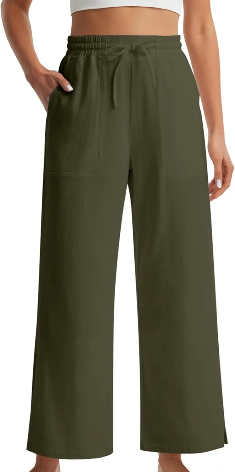 Womens Summer Cotton Linen Pants 2025 Trendy Side Slit Ankle Wide Leg Beach Trousers Elastic Waist Drawstring Slacks