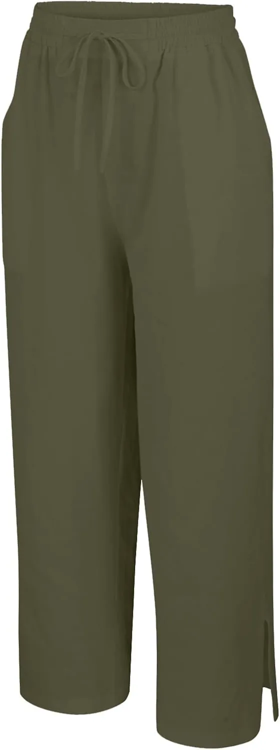 Womens Summer Cotton Linen Pants 2025 Trendy Side Slit Ankle Wide Leg Beach Trousers Elastic Waist Drawstring Slacks