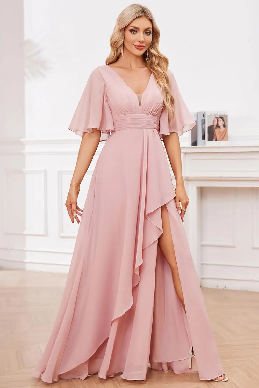 Women's V-Neck Half Sleeve Bridesmaid Dress Long with Slit Ruffle Chiffon Evening Formal Party Gown