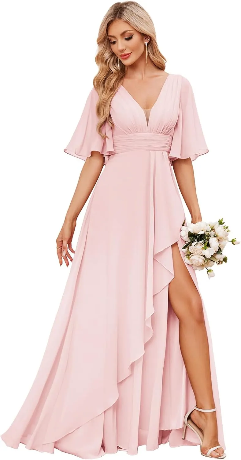 Women's V-Neck Half Sleeve Bridesmaid Dress Long with Slit Ruffle Chiffon Evening Formal Party Gown