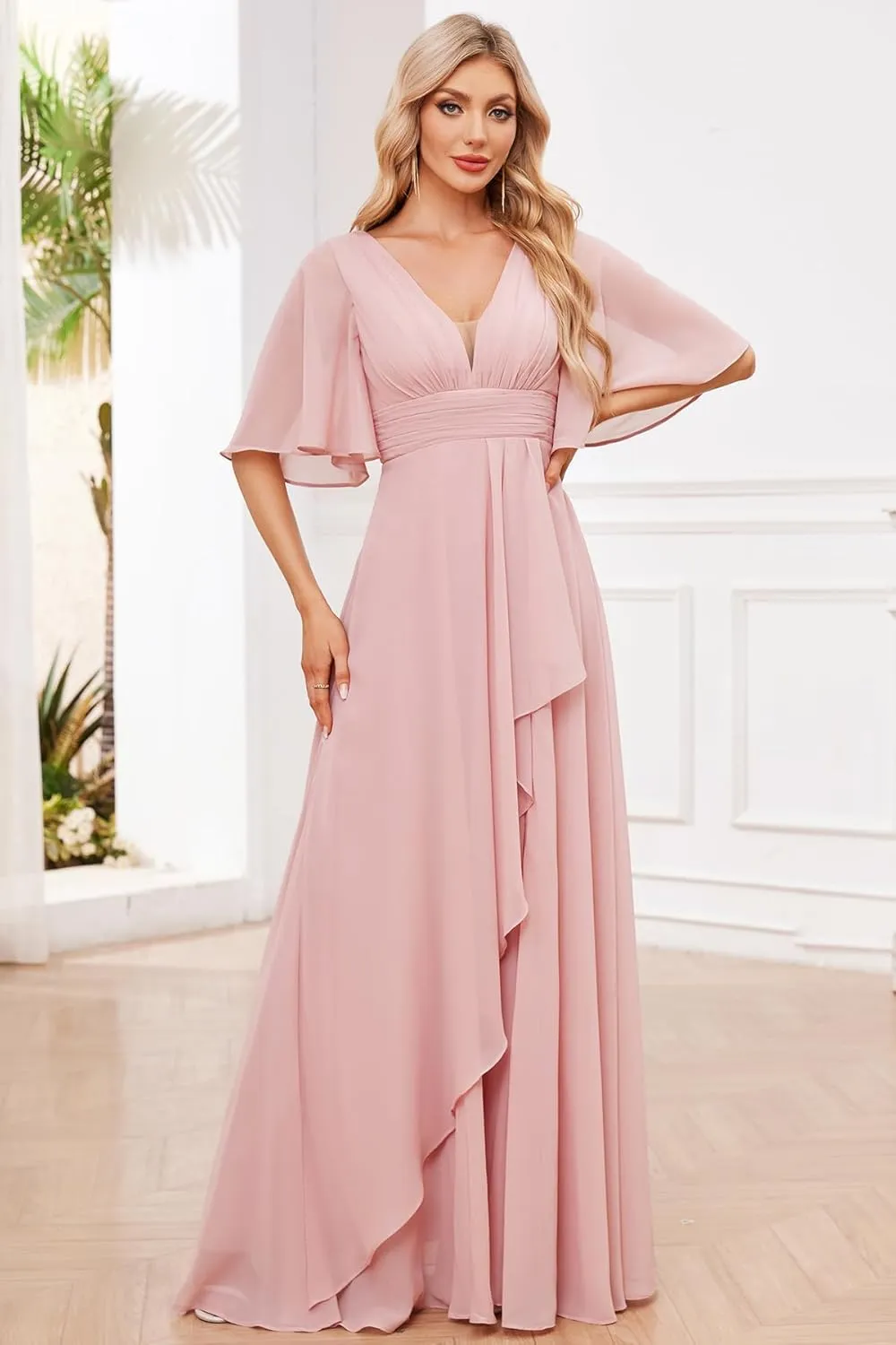 Women's V-Neck Half Sleeve Bridesmaid Dress Long with Slit Ruffle Chiffon Evening Formal Party Gown