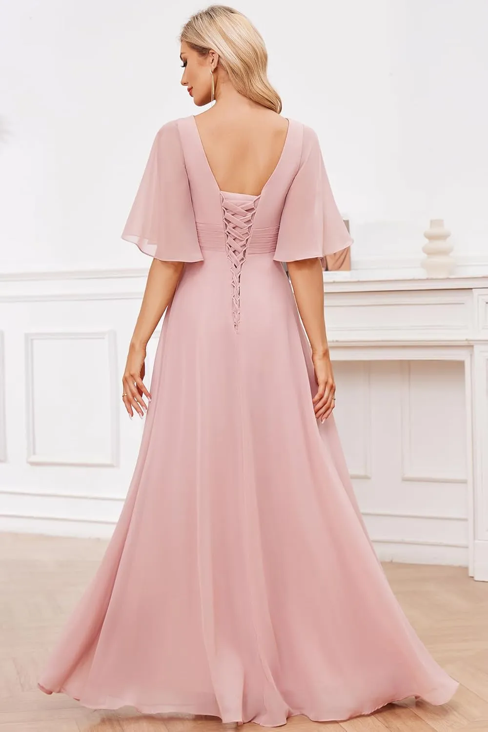 Women's V-Neck Half Sleeve Bridesmaid Dress Long with Slit Ruffle Chiffon Evening Formal Party Gown