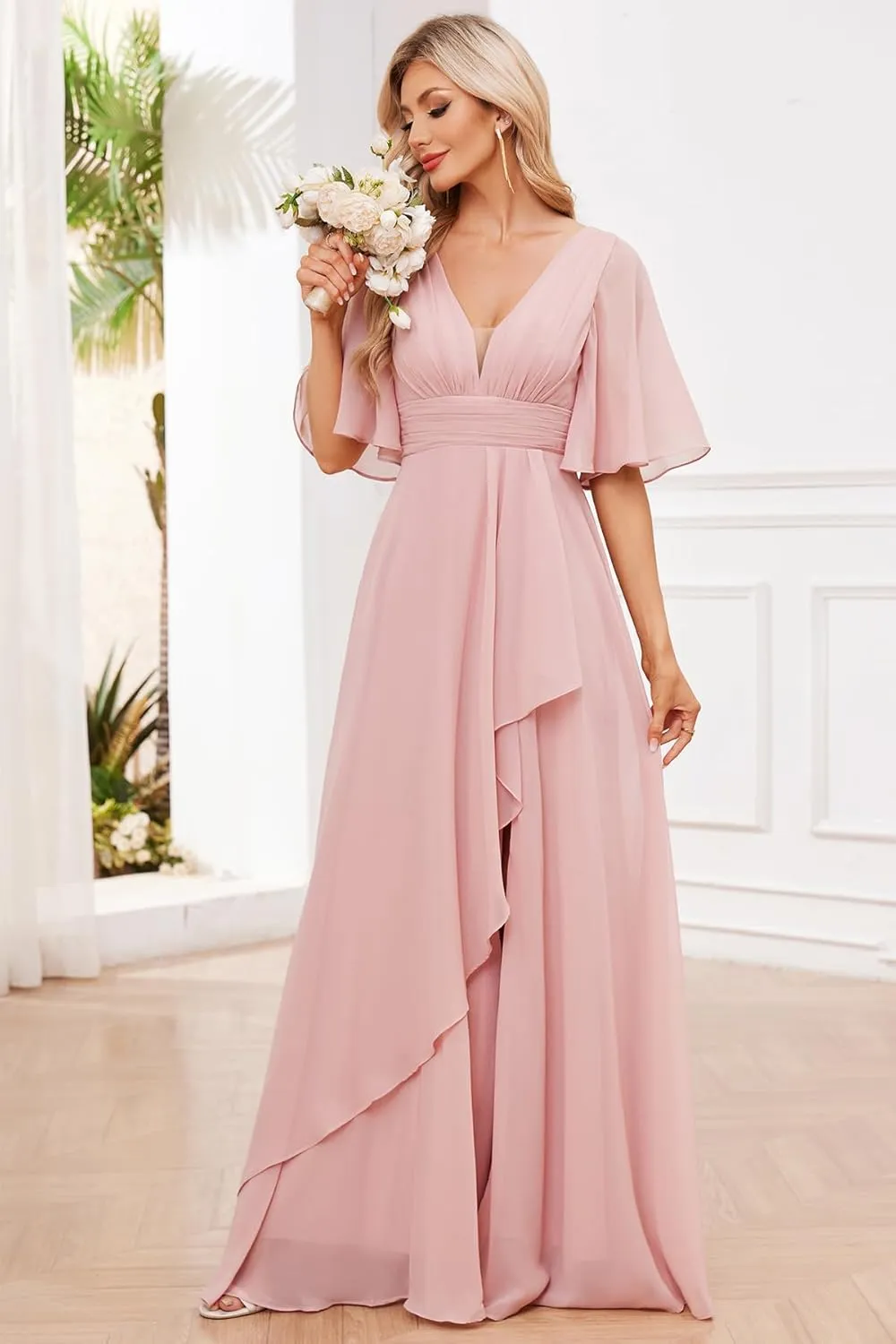 Women's V-Neck Half Sleeve Bridesmaid Dress Long with Slit Ruffle Chiffon Evening Formal Party Gown
