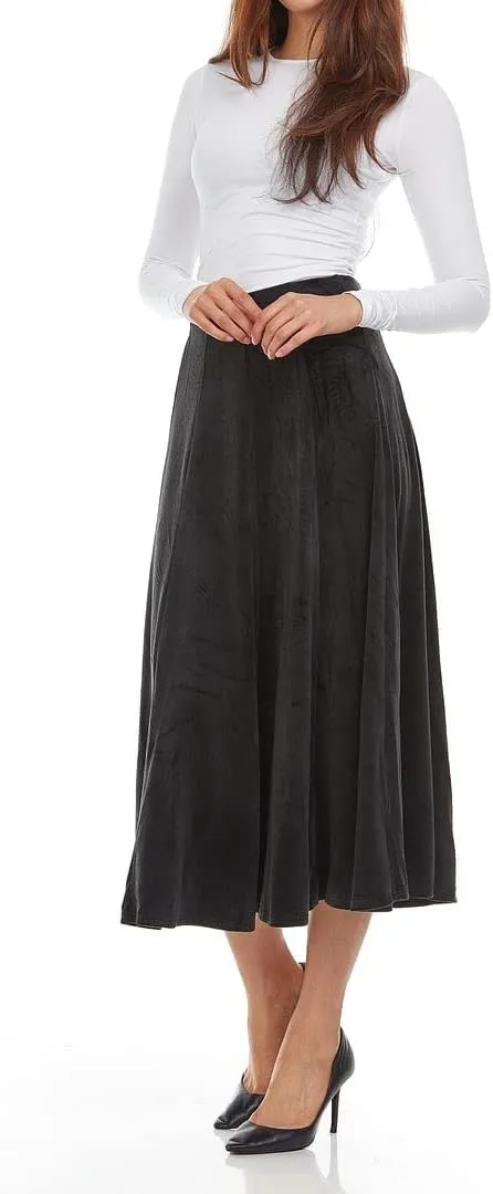 Womens Velour Midi 33 inch Length Panel Skirt- Elastic Waist Office Pleated Skirt