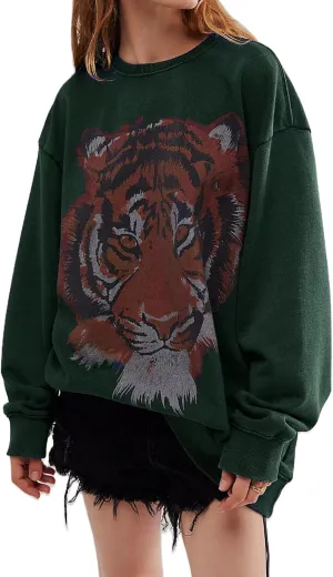 Yoawdats Women's Oversized Crewneck Graphic sweatshirt Trendy Tiger Print Long Sleeve Loose Fit Pullovers Fall Casual Tops