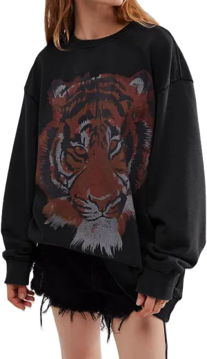 Yoawdats Women's Oversized Crewneck Graphic sweatshirt Trendy Tiger Print Long Sleeve Loose Fit Pullovers Fall Casual Tops